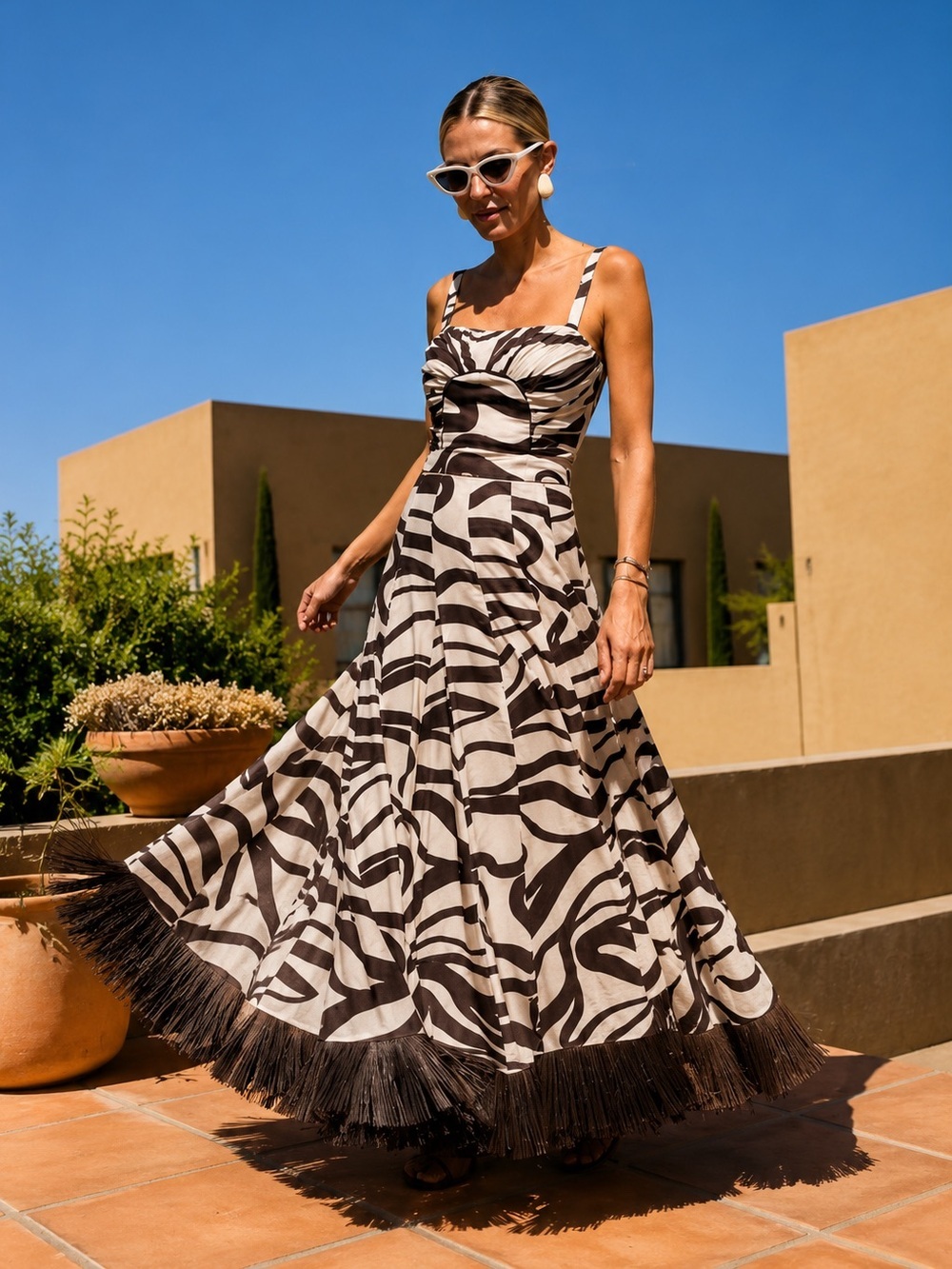 NWT Antonio Melani MG Style Fringe Linen Blend Maxi Raffia Skirt Set Brown~SZ 10 - Picture 2 of 14